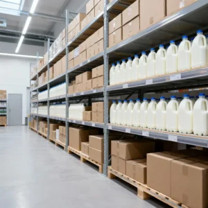 Стеллажи с бутылками и продуктами в канистрах на складе ответственного хранения