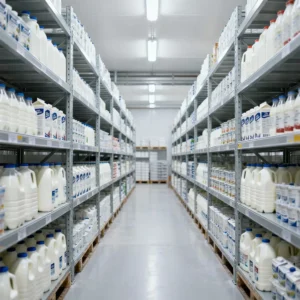 Стеллажи с молочными бутылками на складе ответственного хранения