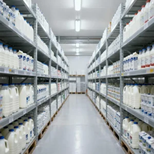стеллажи с молочными бутылками на складе ответственного хранения
